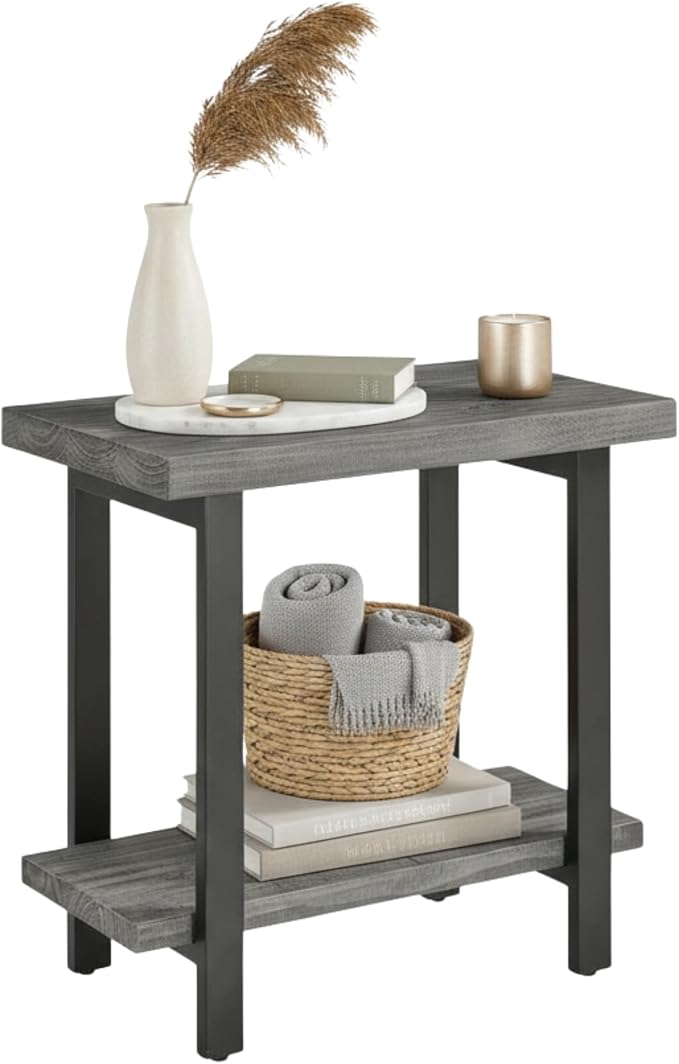Alaterre Furniture Pomona Solid Wood 2-Tier End Table, Slate Grey, 27” | Side Table or Nightstand with Storage Shelf and Metal Legs, Industrial Farmhouse Chair Side Table for Living Room or Bedroom