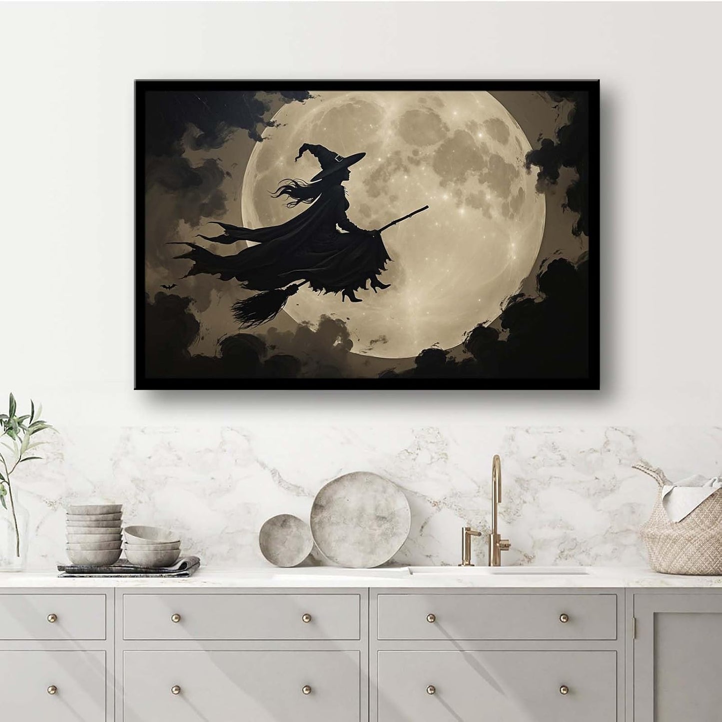 JFHCQJPK Full moon witch silhouette poster witch on magic broom Halloween mural poster decorative mural art suitable for home living room bedroom16x24in Metal blackFramed