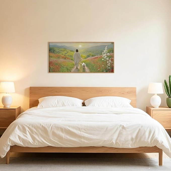 LHIUEM Large Jesus and Lamb Christian Framed Canvas Wall Art,Leaves The 99 Sheep Wall Decor,Mountain Sunset Flower Bible Artwork for Living Room,Bedroom,Dining Room,Office -20''x40''x1