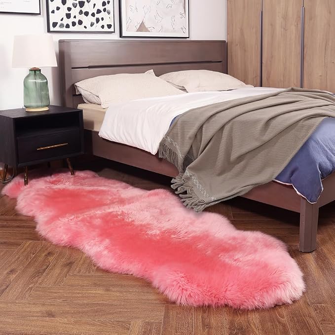 IRIWOOL Premium Genuine Fur Sheepskin Rug Real Australia Sheepskin Natural Luxury Fluffy Lambskin Fur Area Rug Seat Covers for Kids Bedroom Sofa Chair Cover (Pink, Double Pelt/2ft x 6ft)