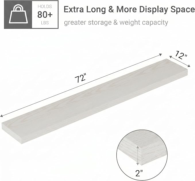 Vivelove 12" Deep Floating Shelves with Invisible Brackets, 60" Wall Shelves for Bathroom Bedroom Kitchen Living Room Laundry Room, Modern Rustic Shelves for Home, 60"x12"x2", Set of 1, White Birch
