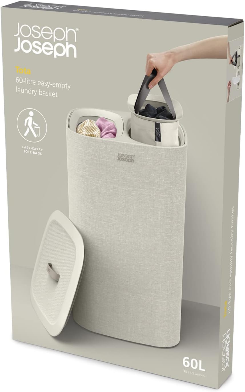 Joseph Joseph Tota 60 liter/15.8 gallon Laundry Hamper Separation Basket with lid, 2 Removable Washing Bags with Handles- Ecru