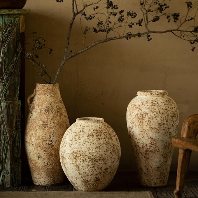 Ceramic Rustic Farmhouse Vase,Extra Large Terra Cotta Vase, Huge Pottery Decorative Flower Vases for Living Room Entryway Table Centerpiece Decor(17'' X 9'' x 9'')(Waist Cinching Bottle)