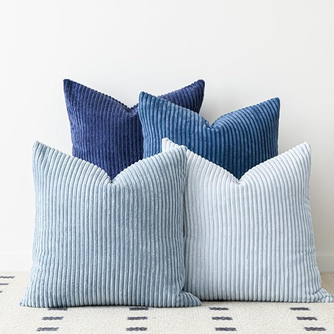 LANANAS Neutral Couch Throw Pillow Covers 20x20 Inch Set of 4 Decorative Farmhouse Boho Throw Pillows for Living Room, Couch, Bed, Sofa Soft Corduroy Accent Home Decor (Blue Ocean, 20x20 Inch)