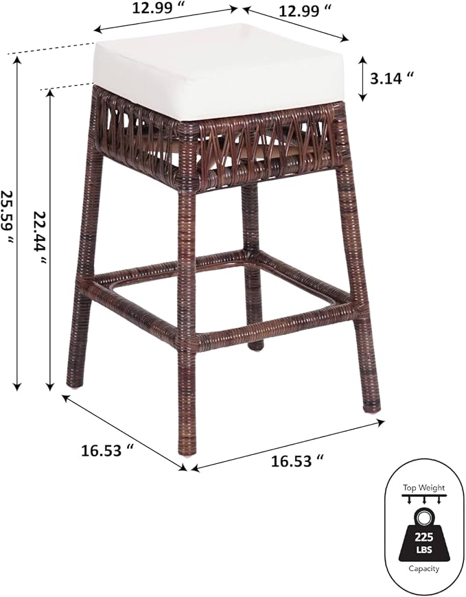 JONATHAN Y Bali 25.6" Woven Rattan Backless Counter Stool with Cushion, Bohemian Dark Brown Stool with Footrest for Kitchen Island, Home Bar, and Dining Room CSL1100A