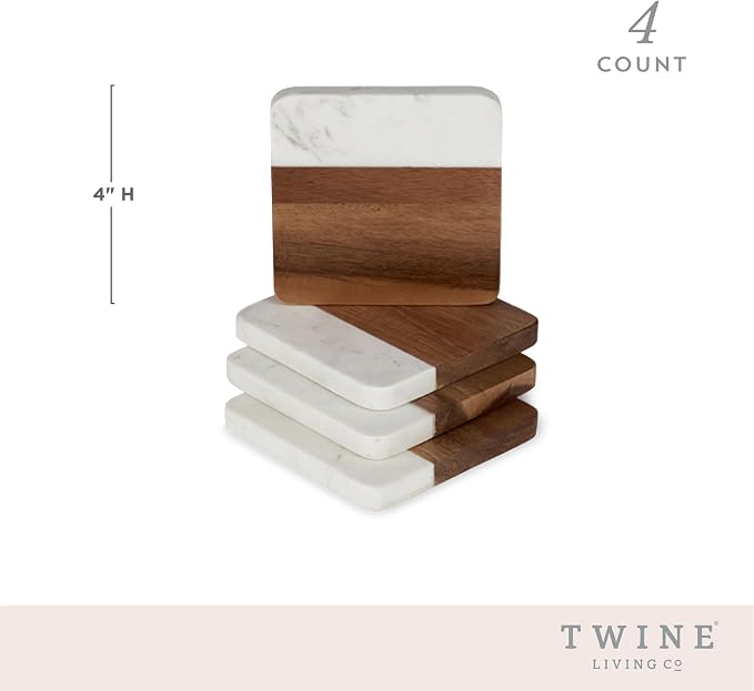 Twine Marble and Acacia Coasters, Modern Square Coasters, Acacia Wood, Marble, Protect Tables and Surfaces, Set of 4