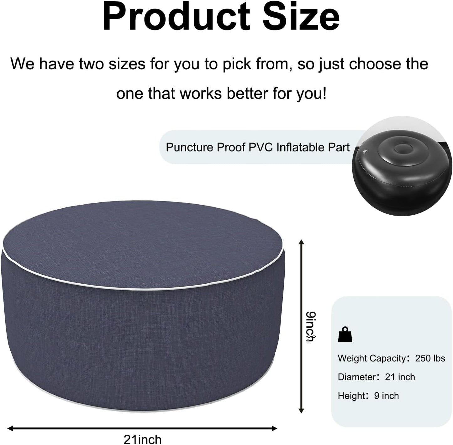 Inflatable Ottoman Stool D21 xH9 for Outdoor/Indoor Use, Water Repellent Patio Foot Rest Stool with Portable Handle,Round Pouf Ottoman Suitable for Garden,Deck and Camping - Textured Navy