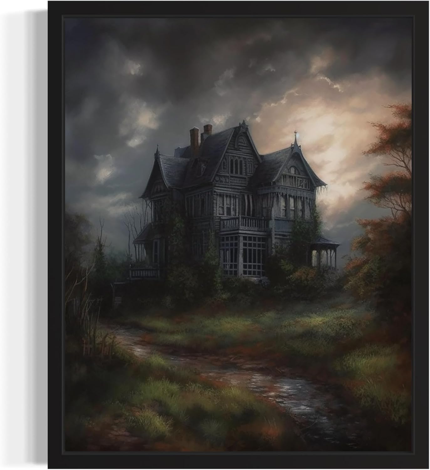 Haunted House Poster Art Print, Halloween Scary Vintage Wall Art Academia Spooky Painting Decoration for Horror Prints, Gothic Posters Bedroom Decor 89 (Haunted House, 16 x 20 inches, Unframed)