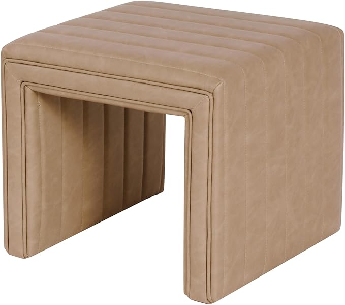 HomePop Modern Channel Tufted Faux Leather Ottoman|Homepop Home Décor|Ottoman for Living Room & Bedroom - Sand Faux Leather