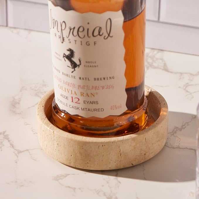 100% Travertine Wine Coaster- Marble Wine Bottle Chilled Coaster - Absorbent Cork Holder Tray- Gift for Wine Lover