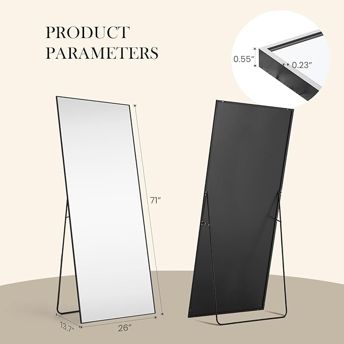 DUMOS Full Length Mirror with Stand 70.4"x25.6" Floor Standing Aluminum Frame for Bedroom Body Hanging Leaning Modern Simple Home Decor Shatter-Proorf Nano Glass Wall Living Room Cloakroom Black
