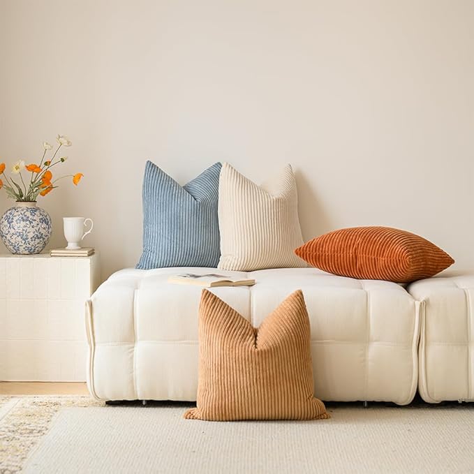 LANANAS Neutral Couch Throw Pillow Covers 18x18 Inch Set of 4 Decorative Farmhouse Boho Throw Pillows for Living Room, Couch, Bed, Sofa Soft Corduroy Accent Home Decor (Cream-Orange, 18x18 Inch)