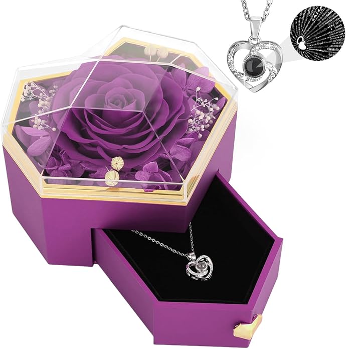 Emibele Preserved Rose Gifts for Women, Eternal Flower Rose Box with Heart Necklace, Romantic I Love You Gifts for Women Her Wife Mom Grandma on Valentines Mothers Day Birthday Anniversary