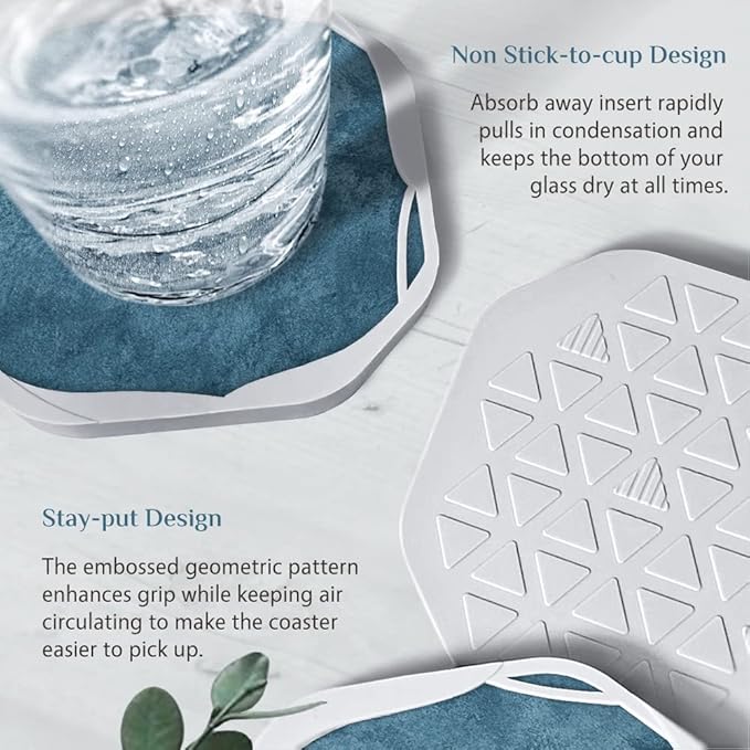 UMIRRO Absorbent Drink Coasters for Tabletop Protection, Blue Coastal Silicone Cup Mats with Felt Inserts, Cool Large Modern Coasters Prevent Home Office, Kitchen Or Outdoor Patio Tables from Damage