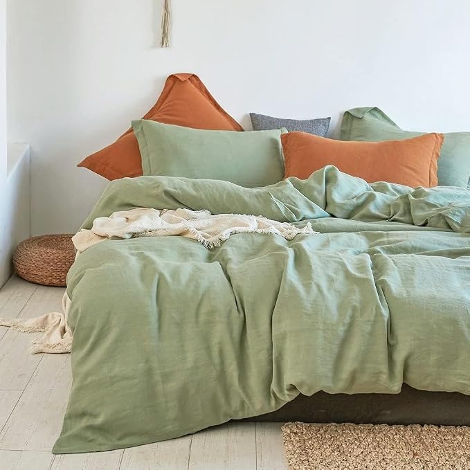 Simple&Opulence 100% Linen Duvet Cover Set, 3 PCS Natural French Flax Sage Green Duvet Cover King Size, Breathable Soft Comfy Linen Bedding Comforter Cover with 2 Pillowcases(Sage Green, 104"x92")