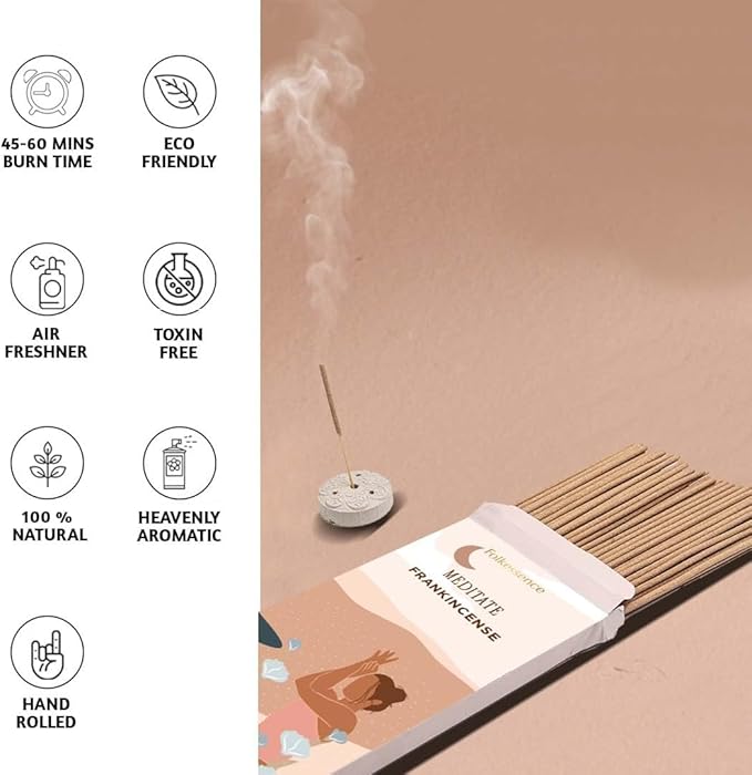 Folkulture Incense Sticks with Holder (100 Sticks)| Frankincense Incents Stick for Meditation, Relaxation, Gifts | No Charcoal,Organic,Non Toxic, 45 Mins, Slow Burning Insence-Sticks - Yoga Inspired