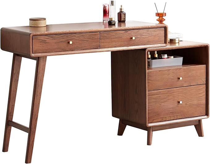 adisun Extendable Vanity Desk with Dresser, 35 to 50 Inch Oak Makeup Table, Storage Writing Desk for Bedroom, Vanity Set for Girls and Women