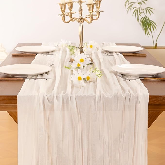 Socomi 15pcs Ivory White Cheesecloth Table Runner Valentine's Day Boho Rustic Gauze 120 inch 10FT Cheese Cloth Runner for Wedding Party Baby Shower Birthday Home Decor Holiday Decorations