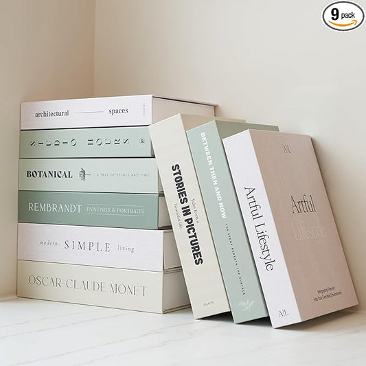 Beautiful Decorative Books - Set of 9 Boxes Enhance Your Coffee Table, Bookshelf or Mantel Shelf Decor - Aesthetic Fake/Faux Books for Modern Home Decoration, Photo Storage and as a Keepsake Box