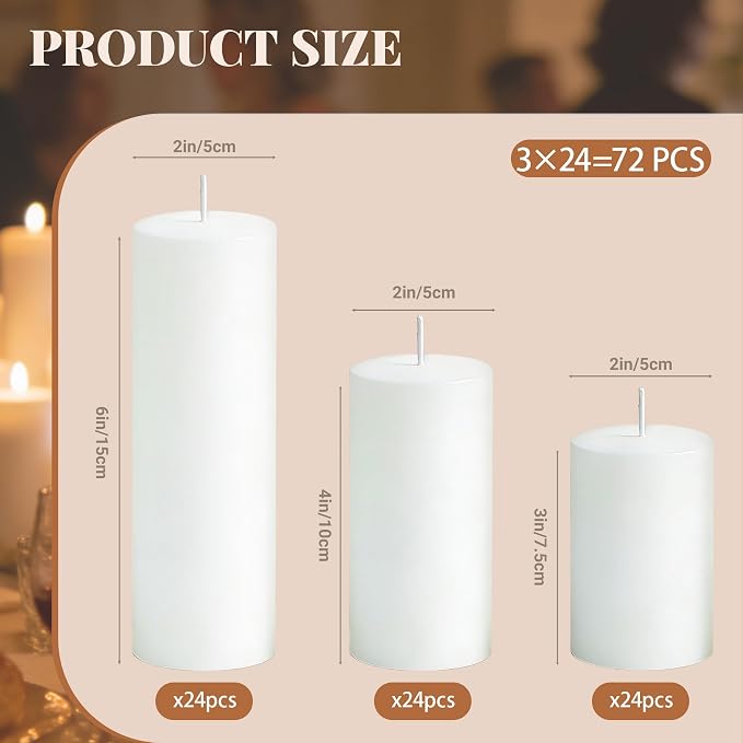 72 Pcs White Pillar Candles Bulk Set, 2x3” 2x4” 2x6” Paraffin Hurricane Candles, Unscented Dripless Smokeless, Long Burning for Party Wedding Events Home Decor