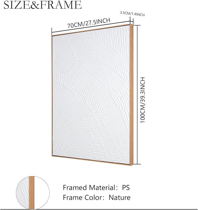 White Abstract Wall Art for Living-room - Framed Geometry 3D Abstract Hand-painting Artwork Minimalism Contemporary Boho Decorative for Living Room, Bedroom - 28"x40"