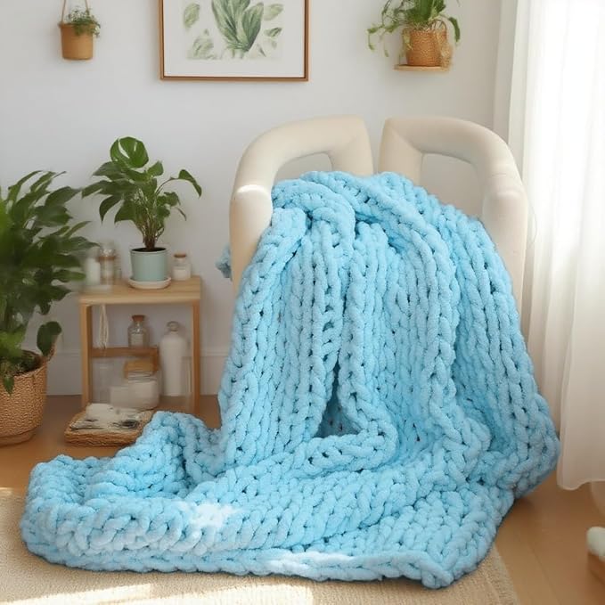 Handmade Chunky Knit Blanket, Cosy Chenille Throw (Blue, Throw (50" x 60"))