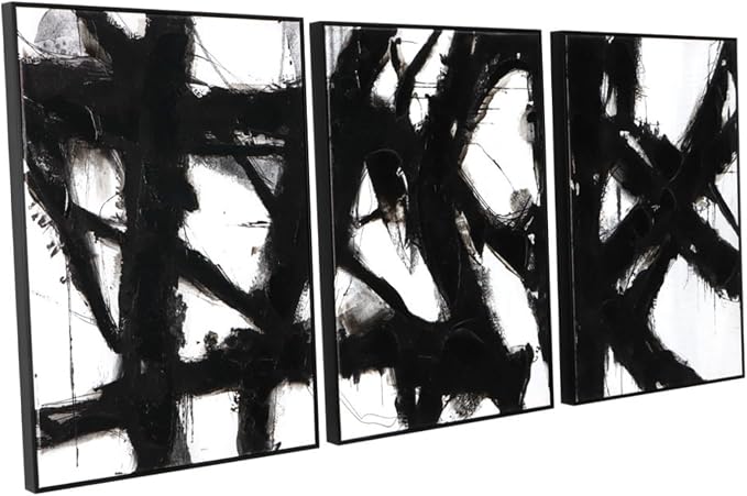 Black and White Abstract Canvas Wall Art – Framed 3 Pieces 20 x 28 Inches Modern Painting Prints with Hand-Painted Texture for Living Room, Bedroom, Office Decor