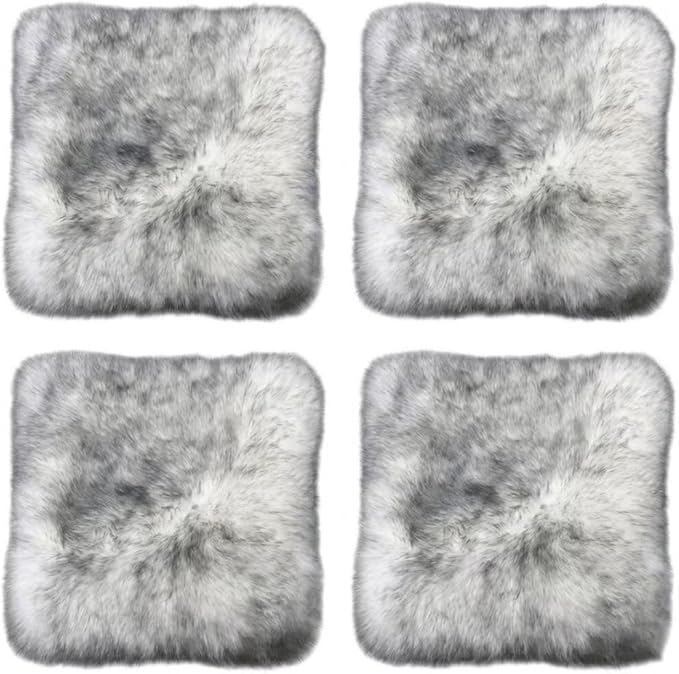 Sheepskin Chair Cushion Non-Slip Back Square Genuine Fur Chair Cover Silky Natural Wool Seat Cushion Pad Soft Area Rugs Carpet for Home Office Restaurant Chair 18x18 Inch (Silver Grey, Pack of 4)
