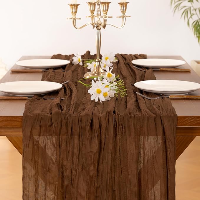 Socomi 6pcs Brown Coffee Easter Spring Cheesecloth Table Runner Boho Rustic Gauze 120 inch 10FT Cheese Cloth Runner for Wedding Party Baby Shower Birthday Home Decor Holiday Decorations