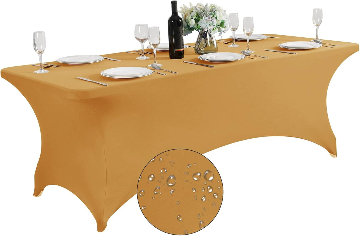 SuperO Waterproof Spandex Table Cover for 8FT Table Universal Fitted Stretch Tablecloth for Party, Banquet, Wedding and Events-Gold
