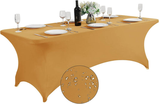 SuperO Waterproof Spandex Table Cover for 8FT Table Universal Fitted Stretch Tablecloth for Party, Banquet, Wedding and Events-Gold