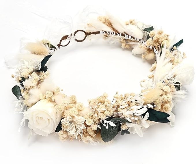 Rustic Preserved Dried Flower Crown with Cream Roses, Natural Floral Headband for Brides Bridesmaids Flower Girls