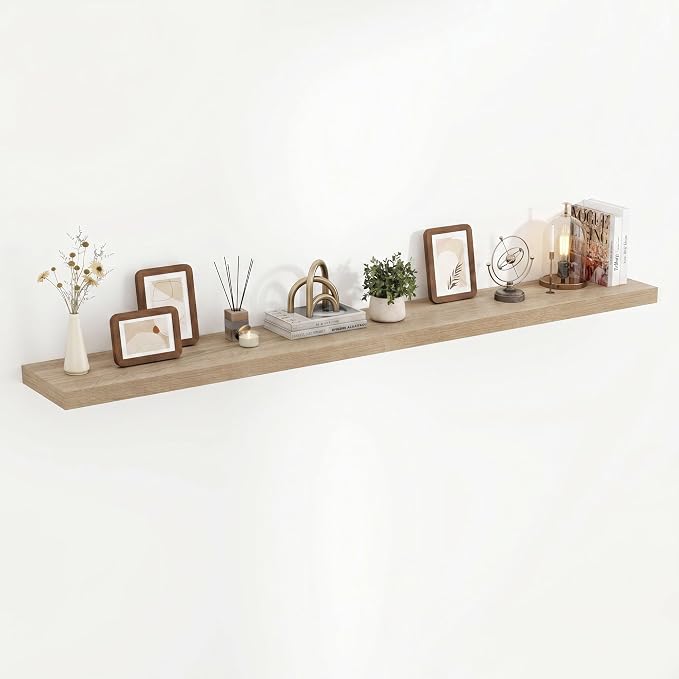 Acovy 72 Inch Floating Shelves, 3D Textured Wood Grain, 72"x9.25"x1.5" Inch Deep Floating Shelves for Wall, Wooden Shelves for Bathroom, Bedroom, Living Room, Vintage White Oak, 1 Piece