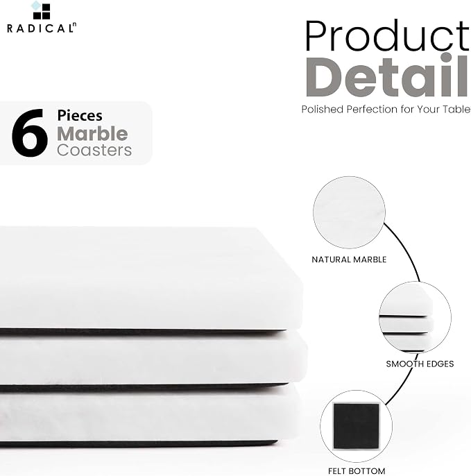 Radicaln White Marble Coasters Set of 6 Handmade 3.5" Inch Square Coasters for Drinks, Elegant Stone Coasters for Home, Office & Kitchen Decor