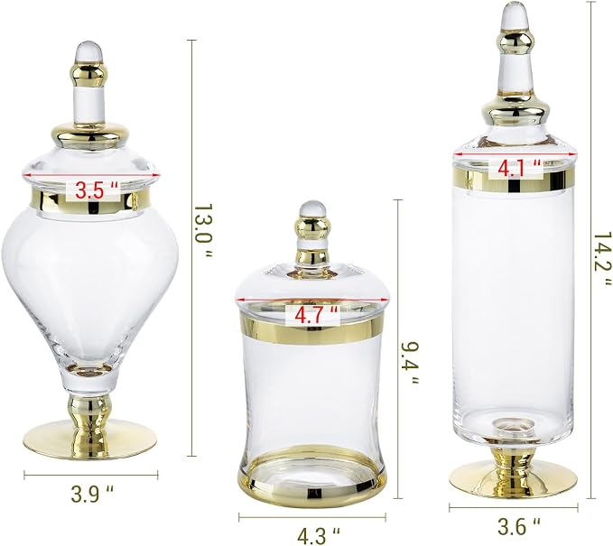 MyGift 3 Piece Set Antique Clear Glass Bathroom Apothecary Jars with Lid, Wedding Centerpiece, Kitchen Storage Jars with Metallic Brass-Tone Design