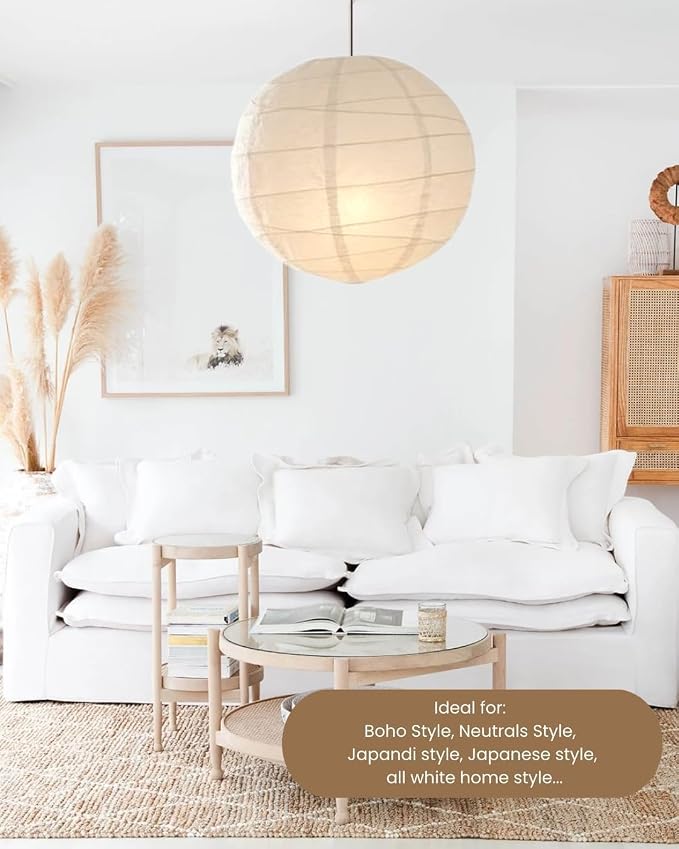 Nogy Japanese Style Lantern Pendant Light - Off White Round Handmade Rice Paper Lamp Shade with Cord Kit (Plug in (15ft), 29.5 in)