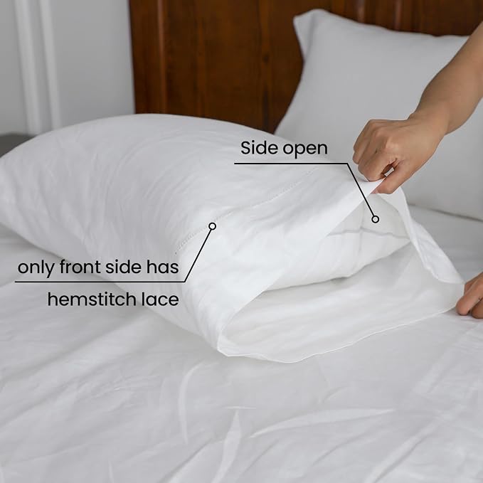 100% French Linen Pillowcases with Handmade Hemstitch Lace - Pack of 2 - Washed Solid Color Natural Flax Soft Breathable - White, 20'' x 40''