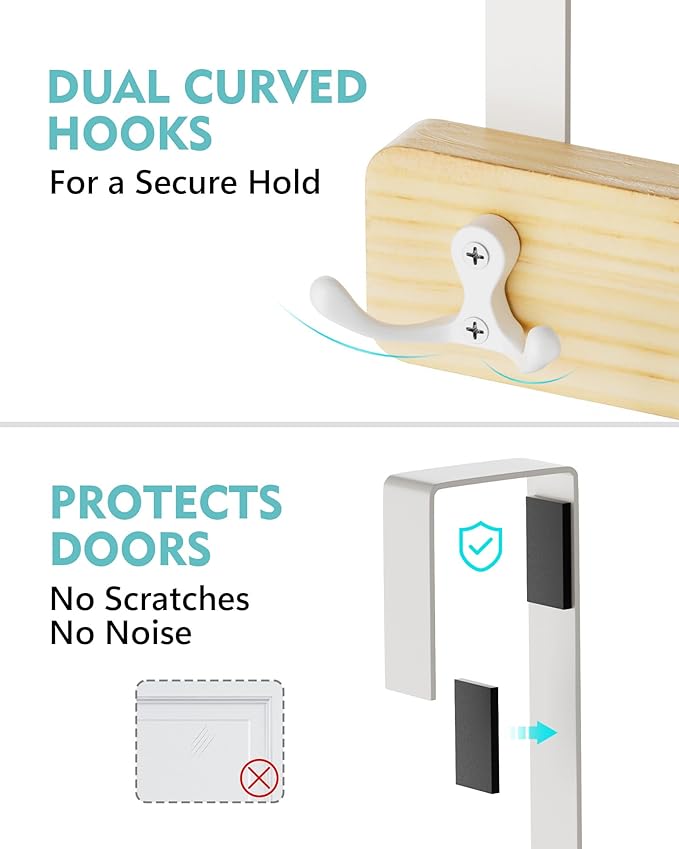 Mop and Broom Holder Wall Mount, No Drill Over the Door Broom and Mop Holder with 4 Slots and 4 Hooks, Wood Tool Hanger for Laundry, Cabinet, Kitchen, Garage