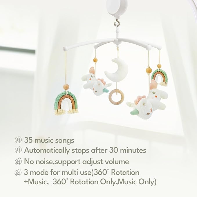 Crib Mobile 35 Lullaby Music, Cotton Baby Mobiles for Cribs & Pack N Play, Easy to Install, Stuffed Animals Hanging Toys Newborn Boys & Girls,Unicorn