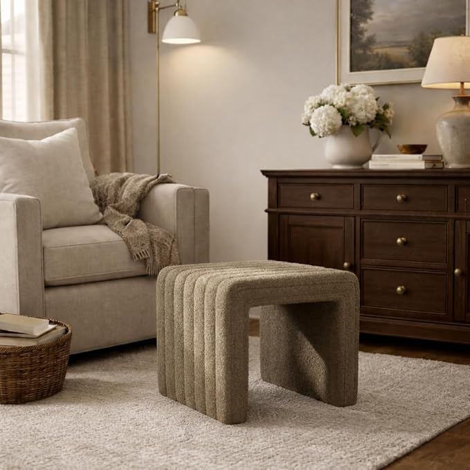 HomePop Modern Channel Tufted Ottoman|Homepop Home Décor|Ottoman for Living Room & Bedroom - Brown Boucle
