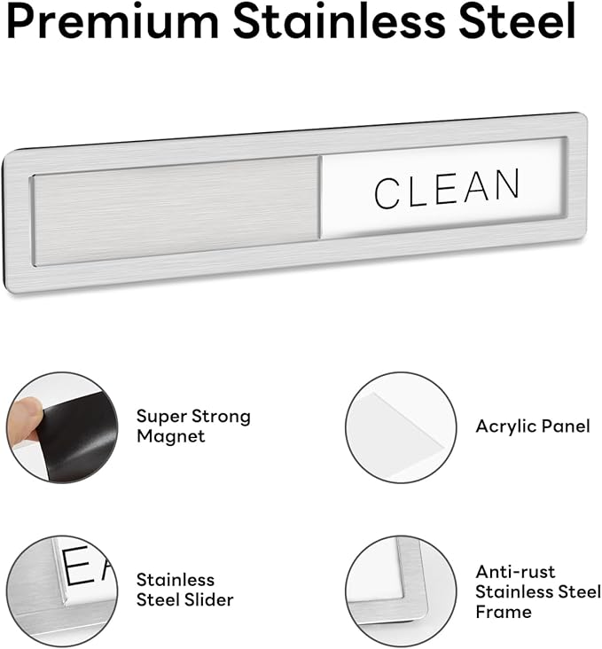 KitchenTour Dishwasher Magnet Clean Dirty Sign, Premium Stainless Steel Clean Dirty Magnet for Dishwasher Funny, Strong Magnet Non-Scratch Dishwasher Sign Kitchen Decor and Accessories