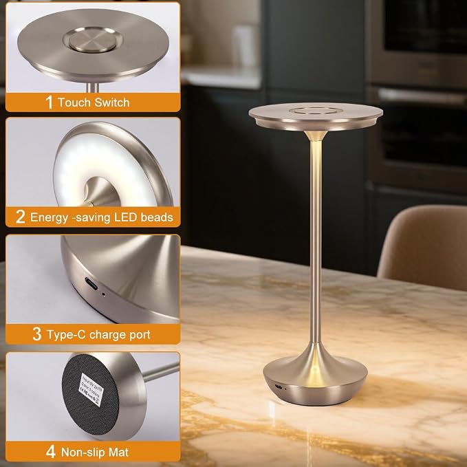 Cordless Table Lamp Set of 2,Portable Rechargeable 6000mAh Outdoor LED Table Lamps,3 Color Stepless Dimming Touch Battery Powered Lamp, Table Light for Restaurant/Patio/Camping/Bedroom(Silver)
