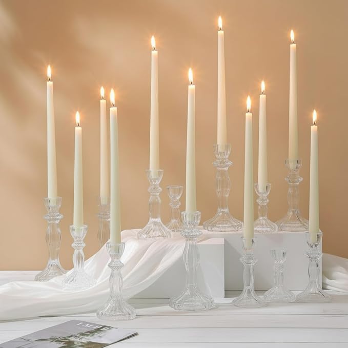 Mumufy 12 Pack Glass Taper Candle Holders Clear Candlestick Holder Fit 0.8 Inch Candles 4'' 6'' 8'' Tall Crystal Decorative Candlestick Stand Centerpiece for Table Wedding Dining Party (Classic)