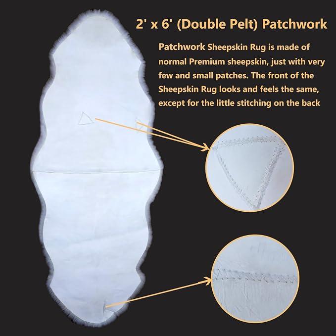 AOGELAN Genuine Sheepskin Rug with Little Patches, Real Shaggy Fur Wool Sheep Skin Throw Pad for Bedroom Living Room Floor, Pray Pup Mat, Chair Sofa Seat Cover, Double Pelt Ivory White