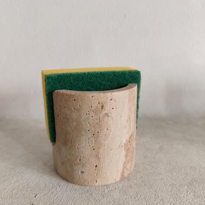 Natural Travertine Marble Sponge Holder, Stone Dish Drying Rack & Sink Organizer - Durable Kitchen Countertop Decor, Sponge Caddy with Drainage (Beige Travertine)