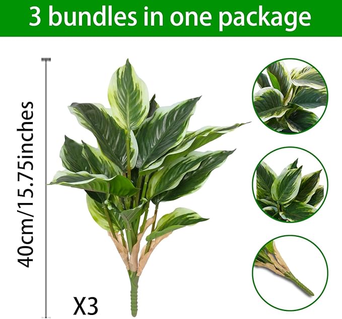3PCS Artificial Tropical Green Plants – 15.75" Fake Hostas Outdoor Artificial Plants, UV Resistant, Faux Green Leaf Stems for Porch, Patio, Balcony, Garden Planter or Indoor Décor