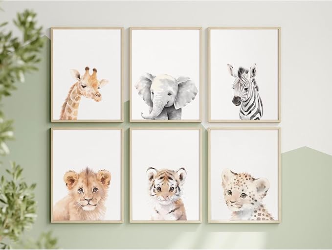 Tanmart Nursery Animal Wall Art Decor Baby Safari Canvas Prints Jungle Animal Wall Art Poster Baby Room Art Nursery Safari Pictures for Bedroom Boys Room 8x10 Inch Set of 6 Unframed