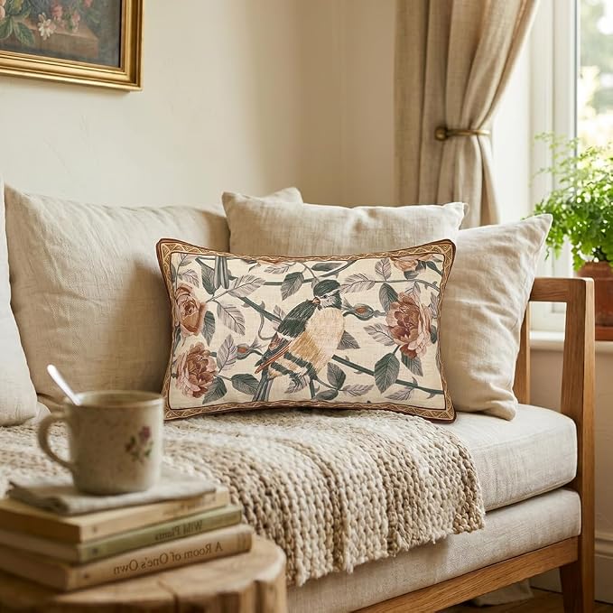 patdrea Vintage Linen Throw Pillow Cover,12"x20",Set of 2-ParkerEstate B | French Decorative Pillow Case with Zipper,Bird and Floral Pattern,Cushion Coverfor Couch Living Room Bedroom