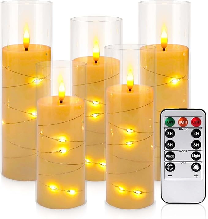 Pack of 5 (D2.2 X H 5" 6" 7") Ivory Flickering Flameless Candles Battery Operated with Remote, LED Pillar Candles with Realistic Moving Wick for Halloween, Christmas, Home Decor.