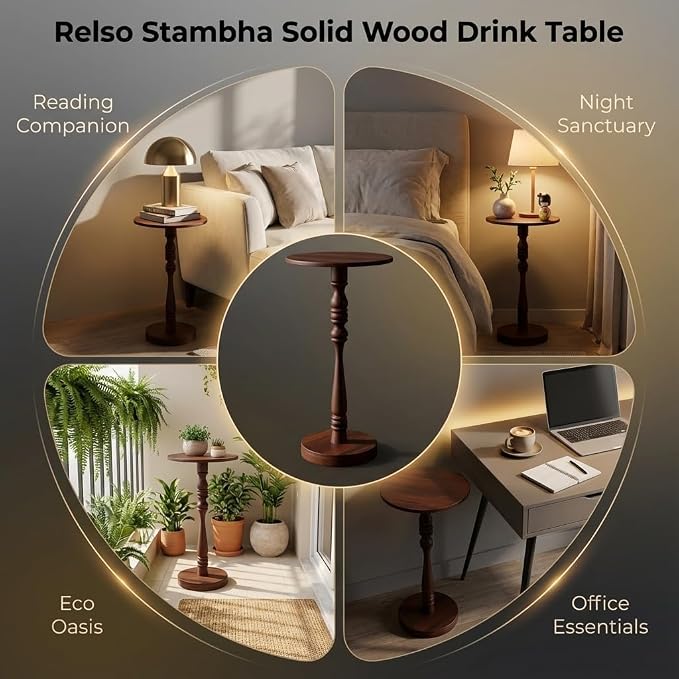 Relso Stambha Solid Wood Drink Table – 24" Tall Round Accent Side Table for Living Room or Bedroom, Narrow End Table or Indoor Plant Stand, Walnut Finish, Handcrafted Mango Wood Furniture